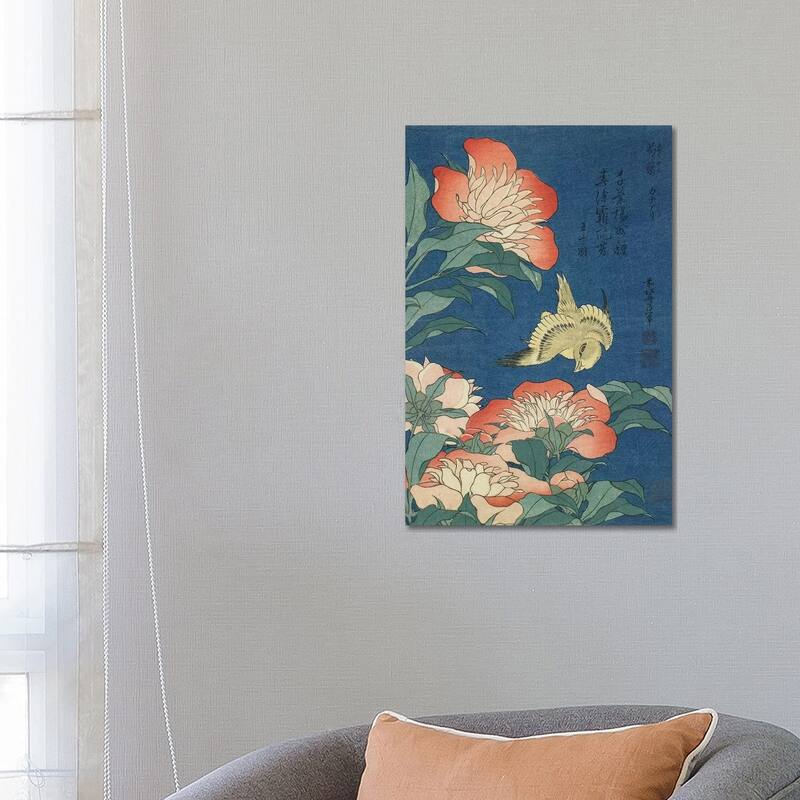 iCanvas "Peonies And Canary, c.1833" by Katsushika Hokusai Canvas Print - 26x18x1.5