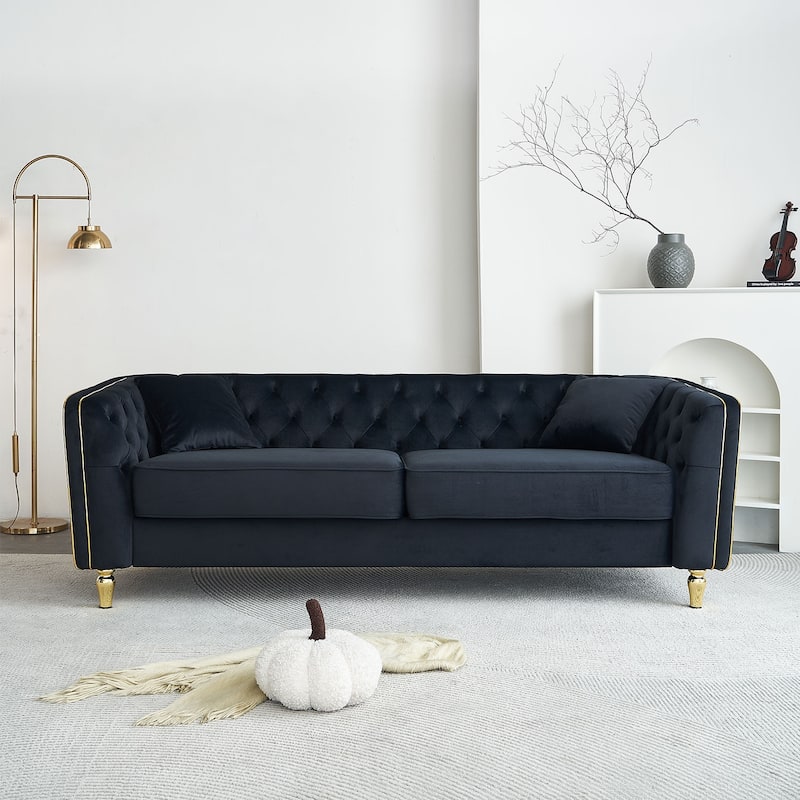 87.01" Velvet Corduroy 3-Seater Sofa with Pine Frame & 2 Pillows - Black