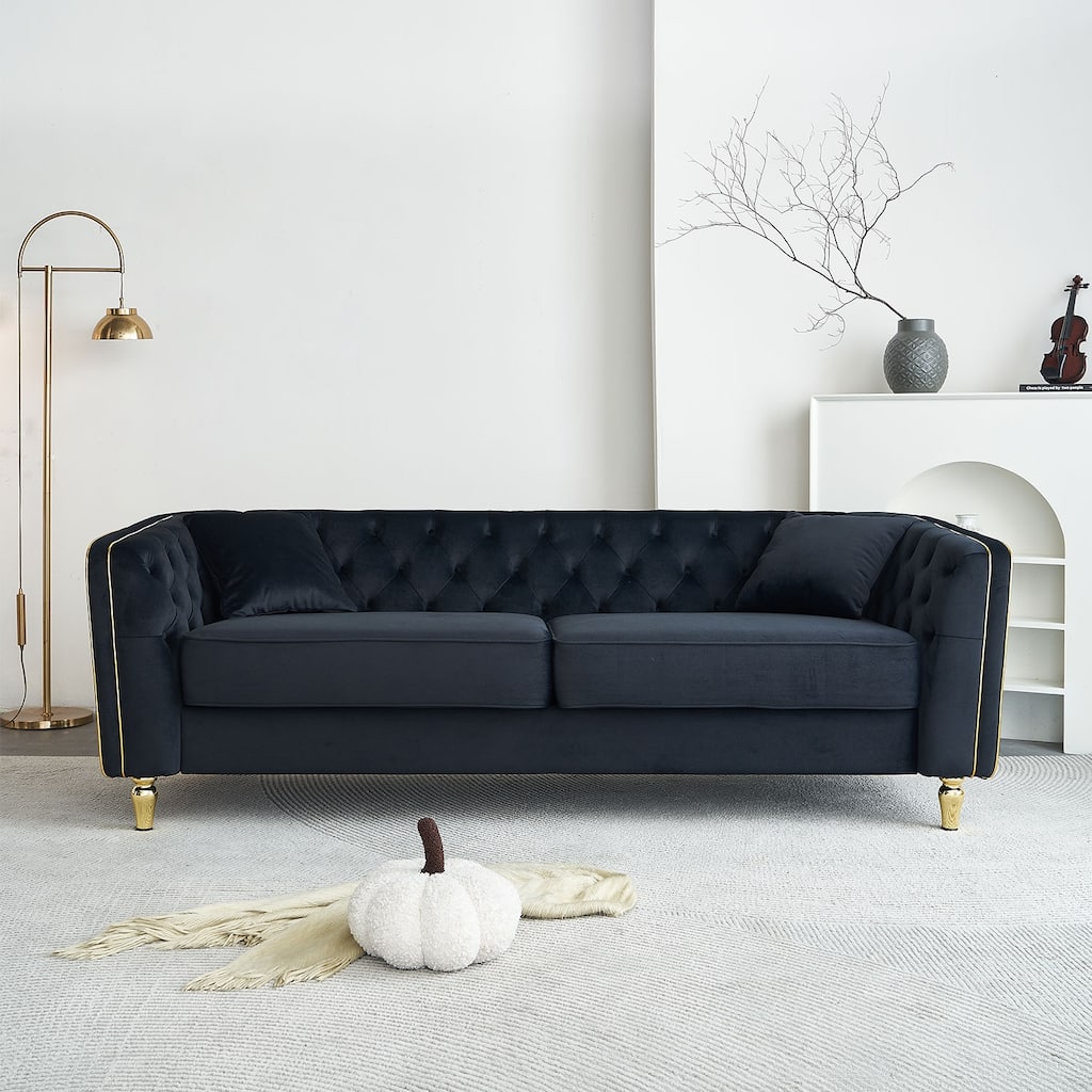 87.01"W Modern Tufted Velvet Sofa, Black, for Living Room, Hotel Apartment