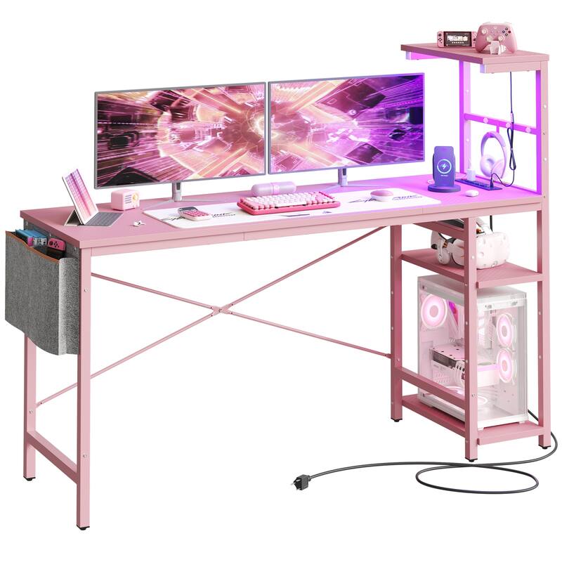 61" Gaming Desk Computer Desk with LED Lights Storage Shelves and Side Bag Home Office Desk