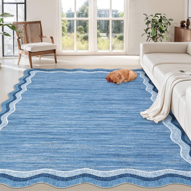 Washable Rugs for Living Room Scalloped Rug Modern Non Slip Non Shedding Carpet for Bedroom - 8'x10' - Blue