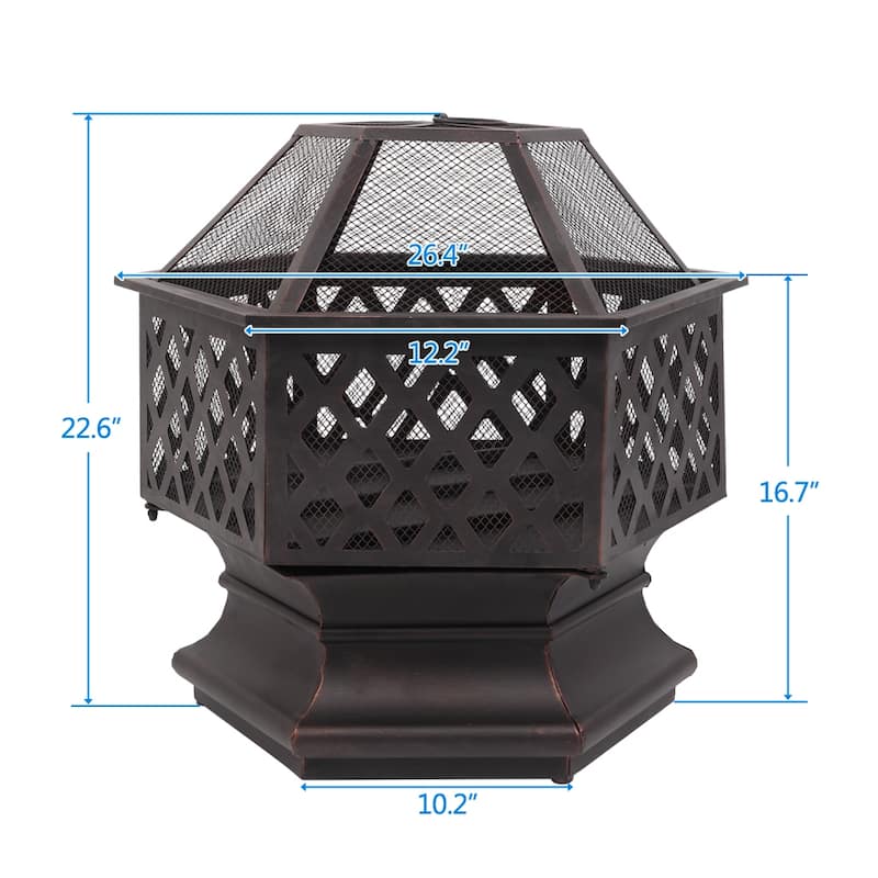 22" Hexagonal Shaped Iron Brazier Wood Burning Fire Pit