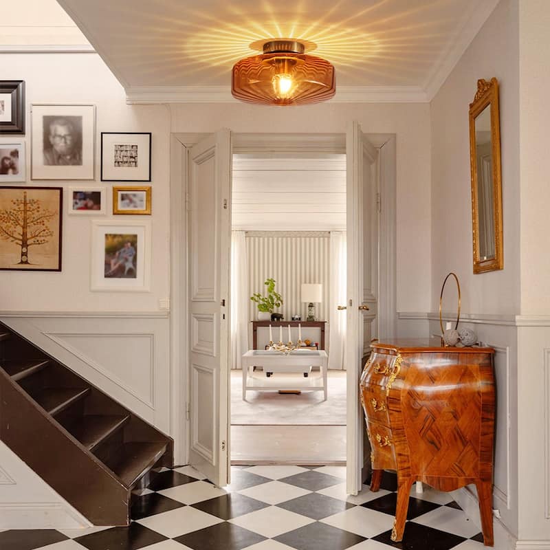 Brown Amber Ribbed Glass Shade Semi Flush Mount Ceiling Light