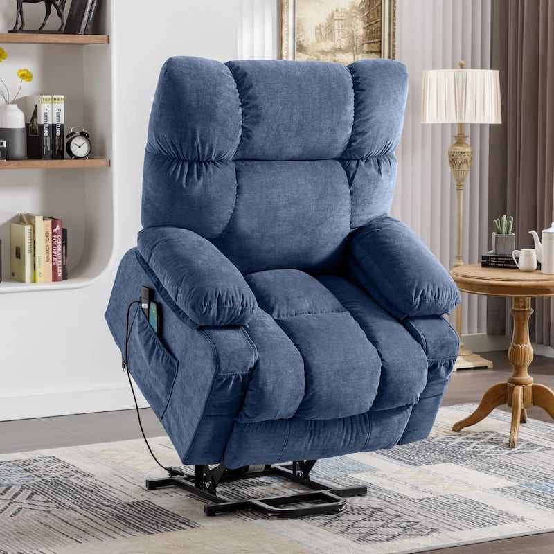 Blue Power Lift Recliner with Heat, Massage, USB Charging, Side Pockets, and Remote Control for Convenience