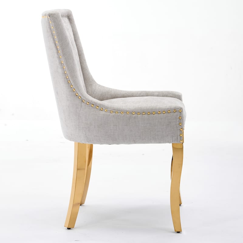 Chenille Dining Chairs, Modern Upholstered Accent Chair with Curved Gold-Plated Legs & Rivet Trim, Plush Fabric, Set of 2