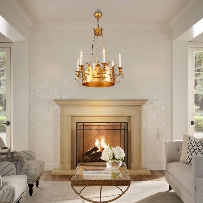 6-Light Luxury Retro Antique Gold Crown Metal Hanging Light Chandelier for Hallways,Living Room