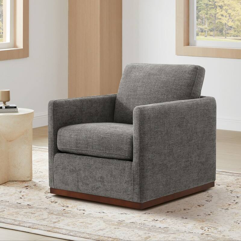 Spruce & Spring Modern Swivel Accent Chair with Wooden Base - Single - Grey-Fabric
