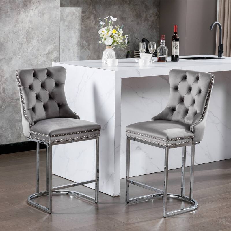 26" Counter Height Bar Stools Set of 2, Modern Velvet Barstools with Button Back&Rivet Trim Upholstered - Gray