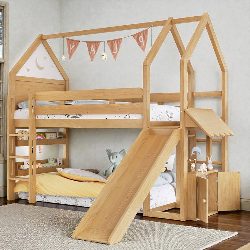 Twin Loft Bed with Slide and Bookshelf, Kids House Bed with Stairs, Safety Rails, Playful Design