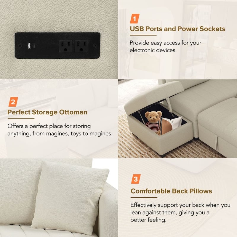 82.6" L-Shaped Sectional Pull Out Sofa Bed Sleeper Sofa with Two USB Ports, Two Power Sockets and A Movable Storage Ottoman