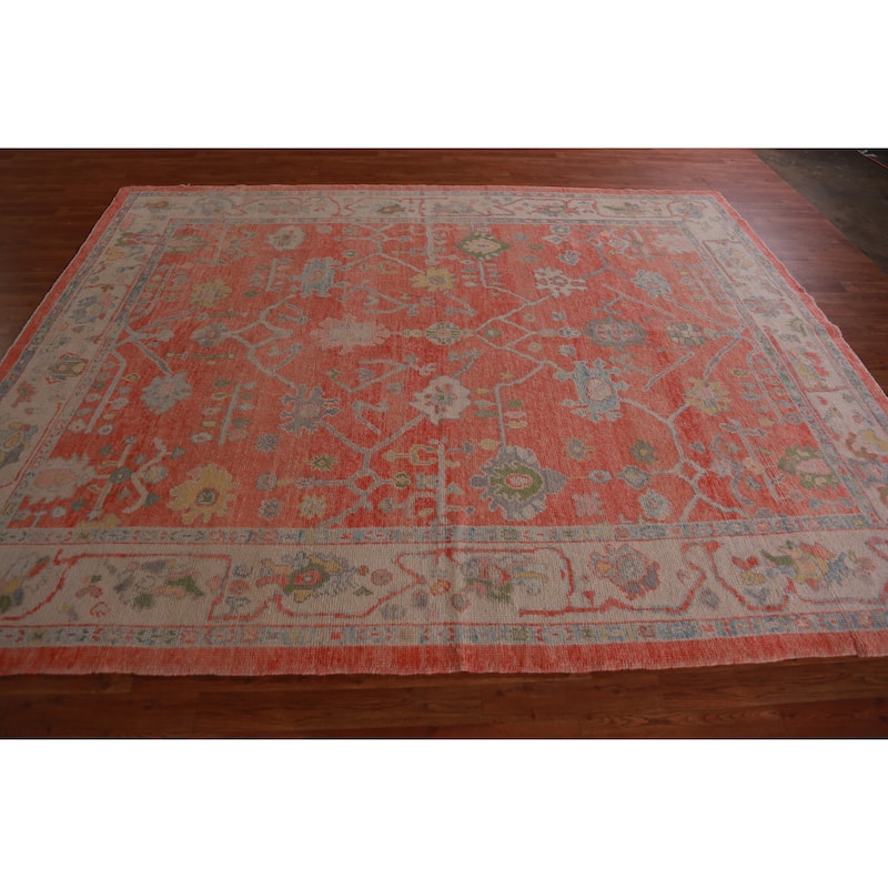 Hand Knotted Oriental 100% Wool Carpet Transitional All-Over Oranges & Rust Oushak Area Rug - 9' 11'' X 8' 1''