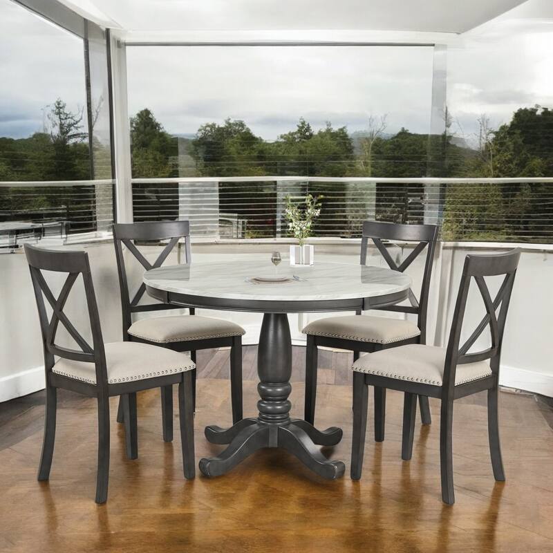 5-Piece Solid Wood Dining Table Set with 4 Chairs, Modern Marble-Style Table, Rubberwood Frame for Kitchen or Dining Room