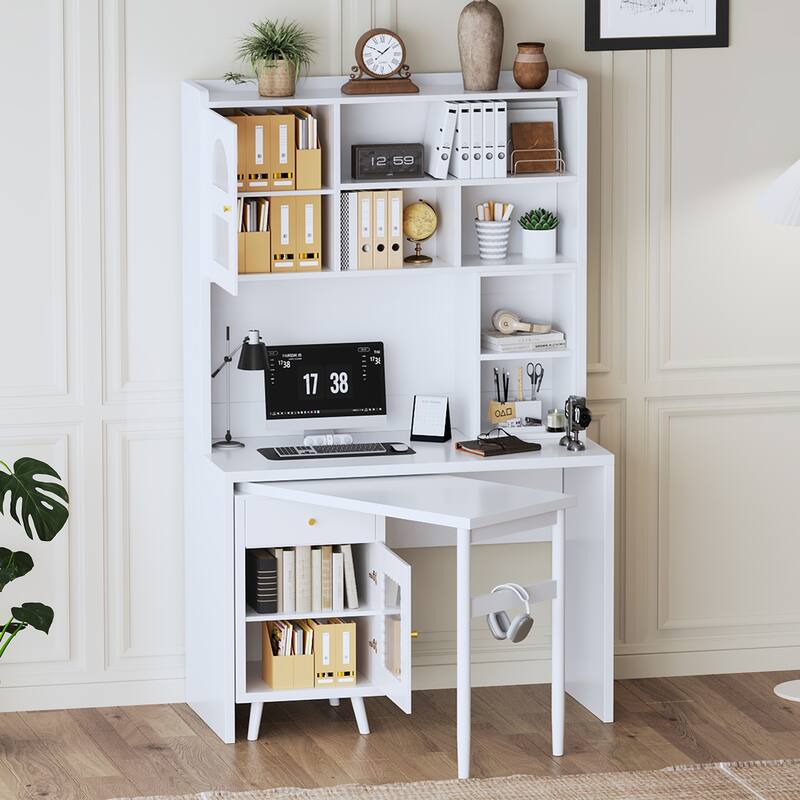 Computer Desk with 90 Rotating Side Table, Storage Drawer, Cabinets and Open Shelves for Home Office Study