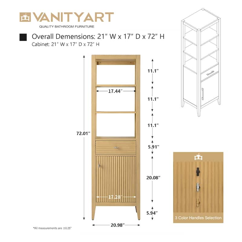 Vanity Art 72" Tall Tower Bathroom Linen Cabinet with Soft Close Door and Drawer