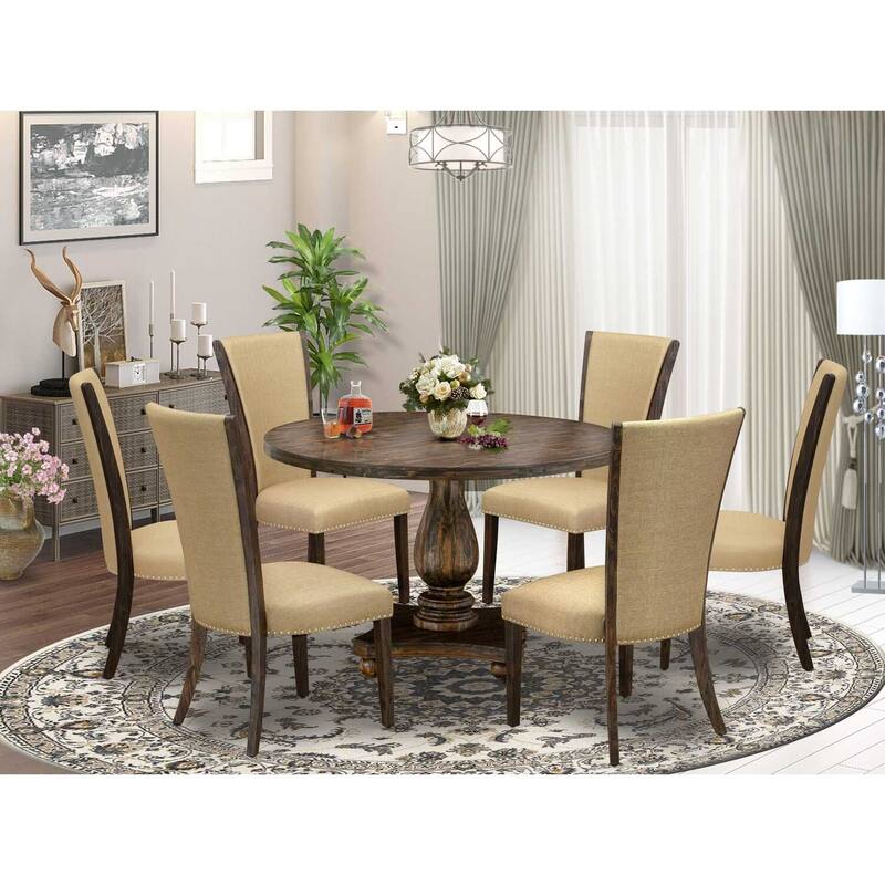 HomeStock 7-Piece Distressed Jacobean Finish Solid Wood Top Dining Table with 6-Parson Chairs