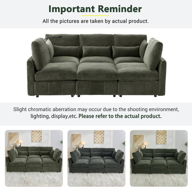 U Shaped Modular Sectional Sofa with Movable Ottoman, Chenille Upholstered 5-Seater Sofa with 2 USB Ports & Phone Holder