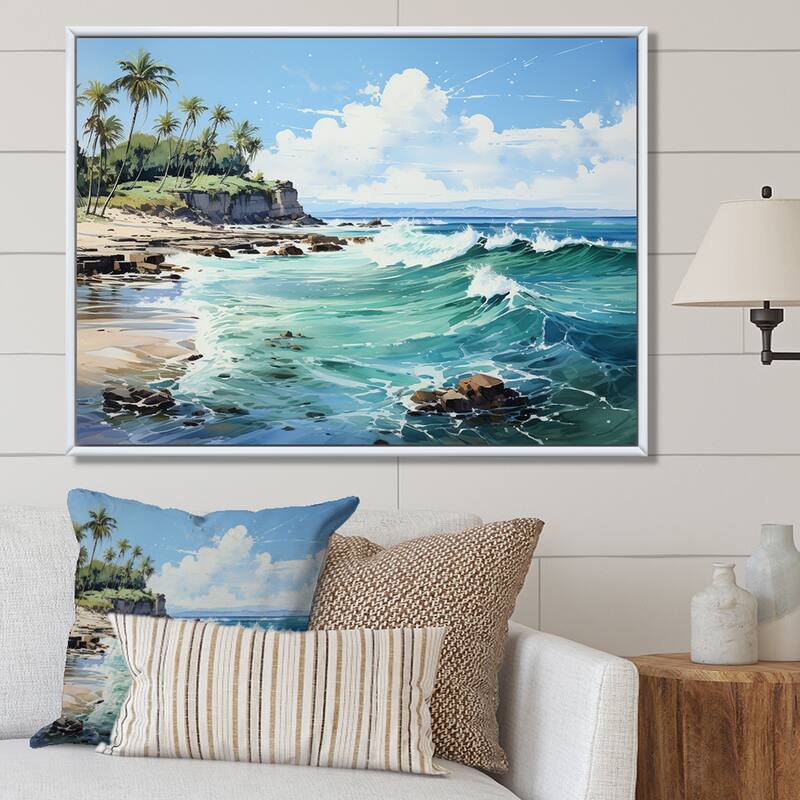 Designart "Turquoise Palm Tree Tropics Breeze" Palms & Palm Trees Framed Wall Decor - 44 in. wide x 34 in. high - White