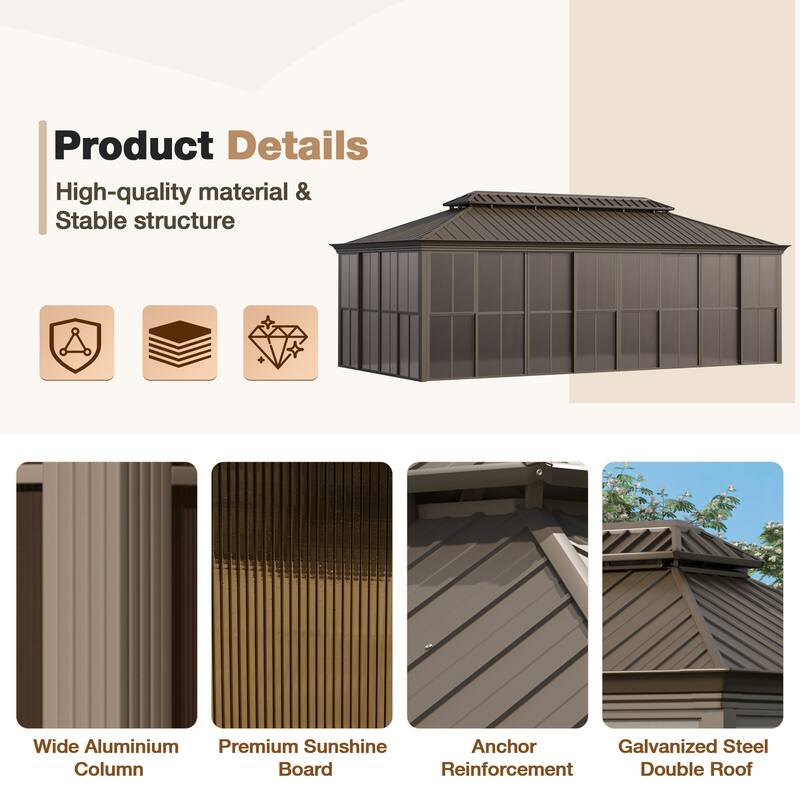 Hardtop Gazebo with Double Steel Roof, Sliding/Lockable Doors & Screens - All-Season Rustproof Aluminum Frame，Advanced Drainage