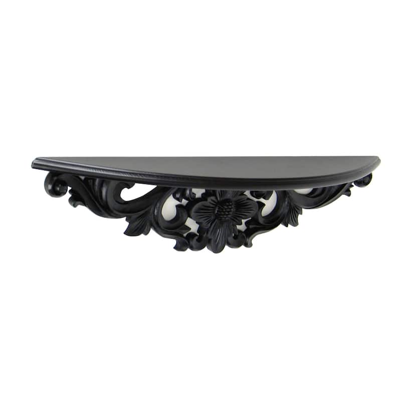 Hand Carved Wooden Moonbay Wall Shelf in Floral Design, Black