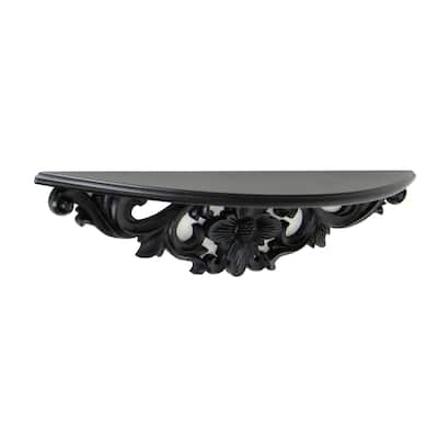 Hand Carved Wooden Moonbay Wall Shelf in Floral Design, Black