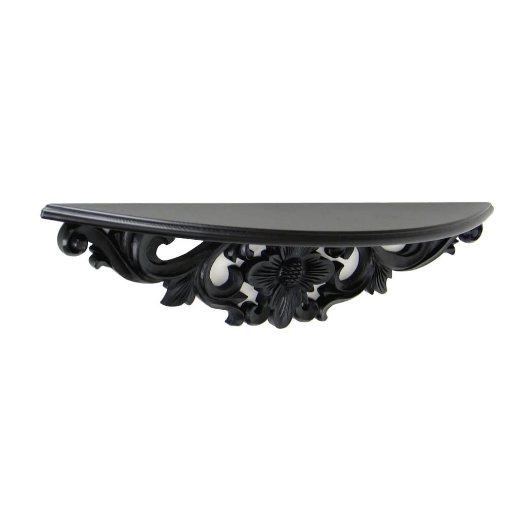 Hand Carved Wooden Moonbay Wall Shelf in Floral Design, Black