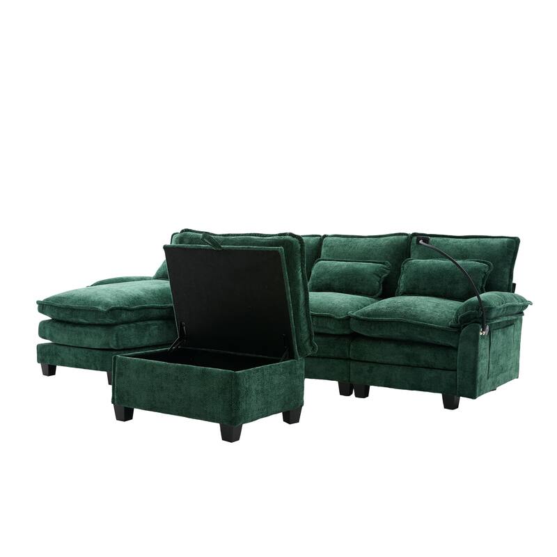 Chenille U-shape Sectional Sofa with Chaise and Storage Ottoman, Modular Couch with USB/Type-C Ports, Side Pockets, Phone Holder