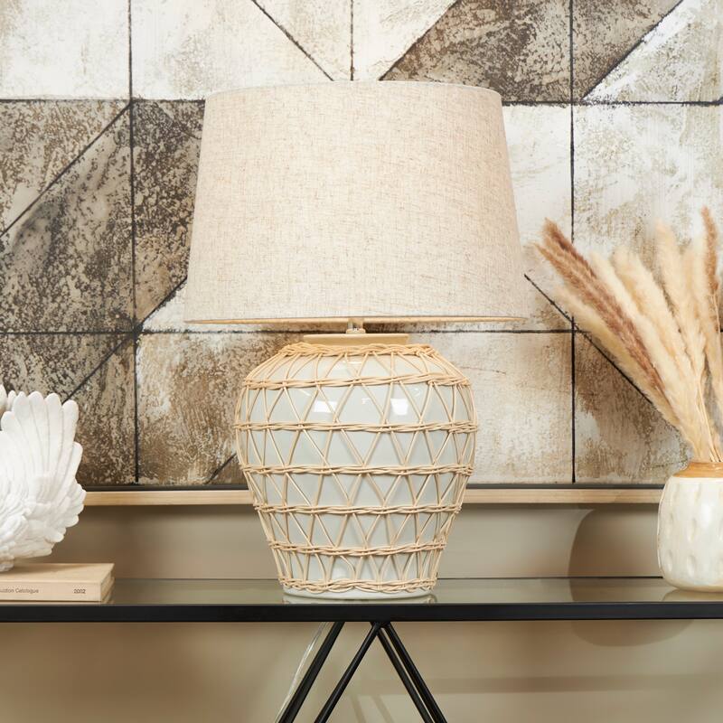White Ceramic Woven Rattan Geometric Room Table Lamp with Linen Shade - White