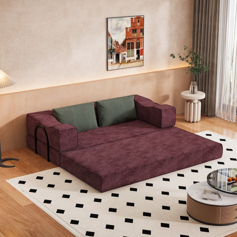 80" Convertible Sofa Bed with 2 Pillows, 2-Seat Folding Floor Couch, Multifunctional Chenille Loveseat Living Room Sleeper Sofa