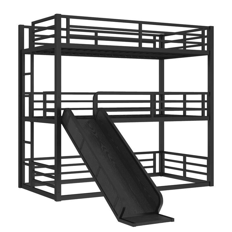 Metal Triple Bunk Bed Frame with Full Length Guardrail, Slide and Ladder, Heavy Duty Metal Slat Support, Noise Free