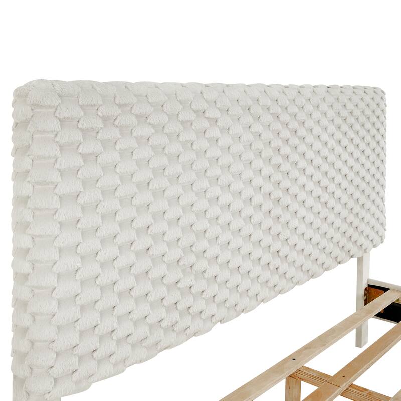 Plush 3D Upholstered Platform Bed with Adjustable Headboard in White Dove