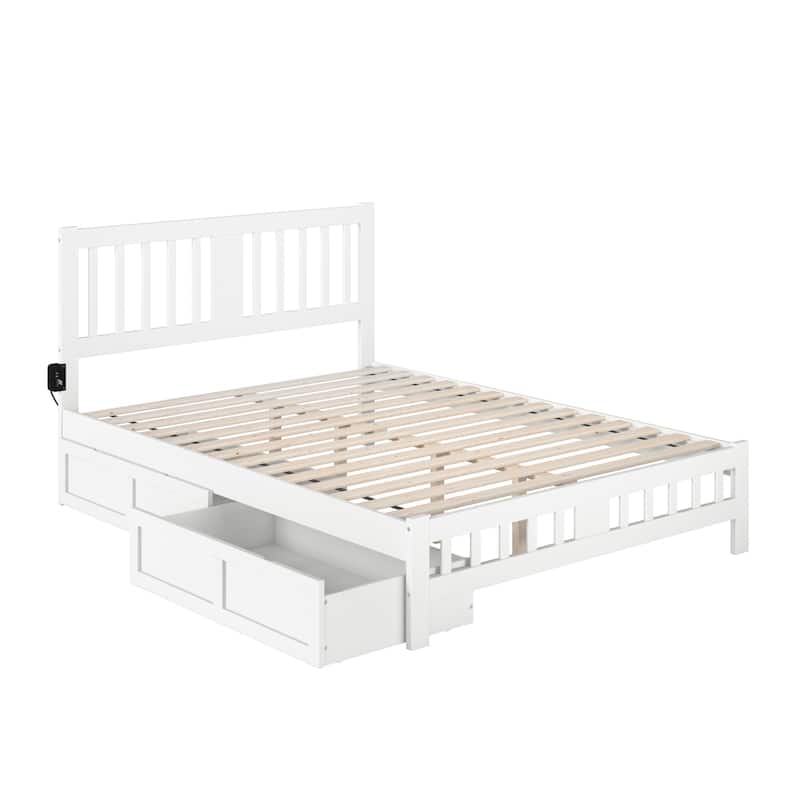 Zen Zone Bed with Footboard & Drawers - Solid Wood Platform Bed Frame - White Finish