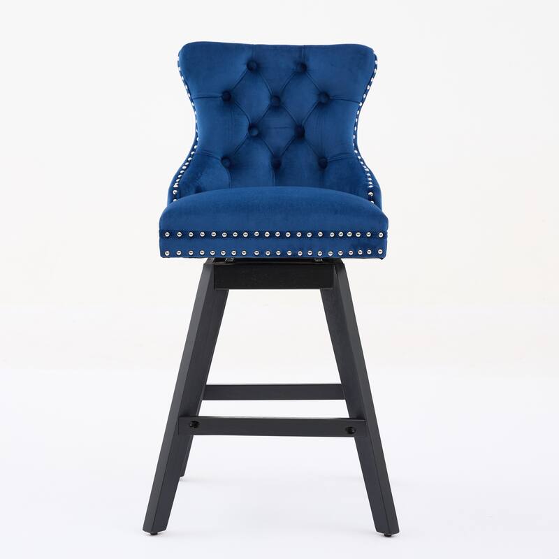 Swivel Bar Stools Set of 2, Velvet Counter Height Barstools with Wooden Legs, Kitchen Island Chairs with Button Backrest