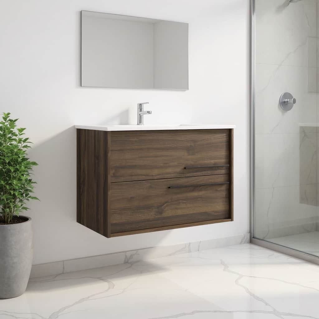 HomeRoots 32" Dark Brown Wood Floating Bathroom Vanity With White Sink And Two Drawers - 32.00 in. x 24.60 in. x 21.60 in.