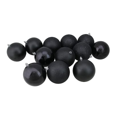 Shatterproof 4-Finish Christmas Ball Ornaments - 4" (100mm) - Black - 12ct