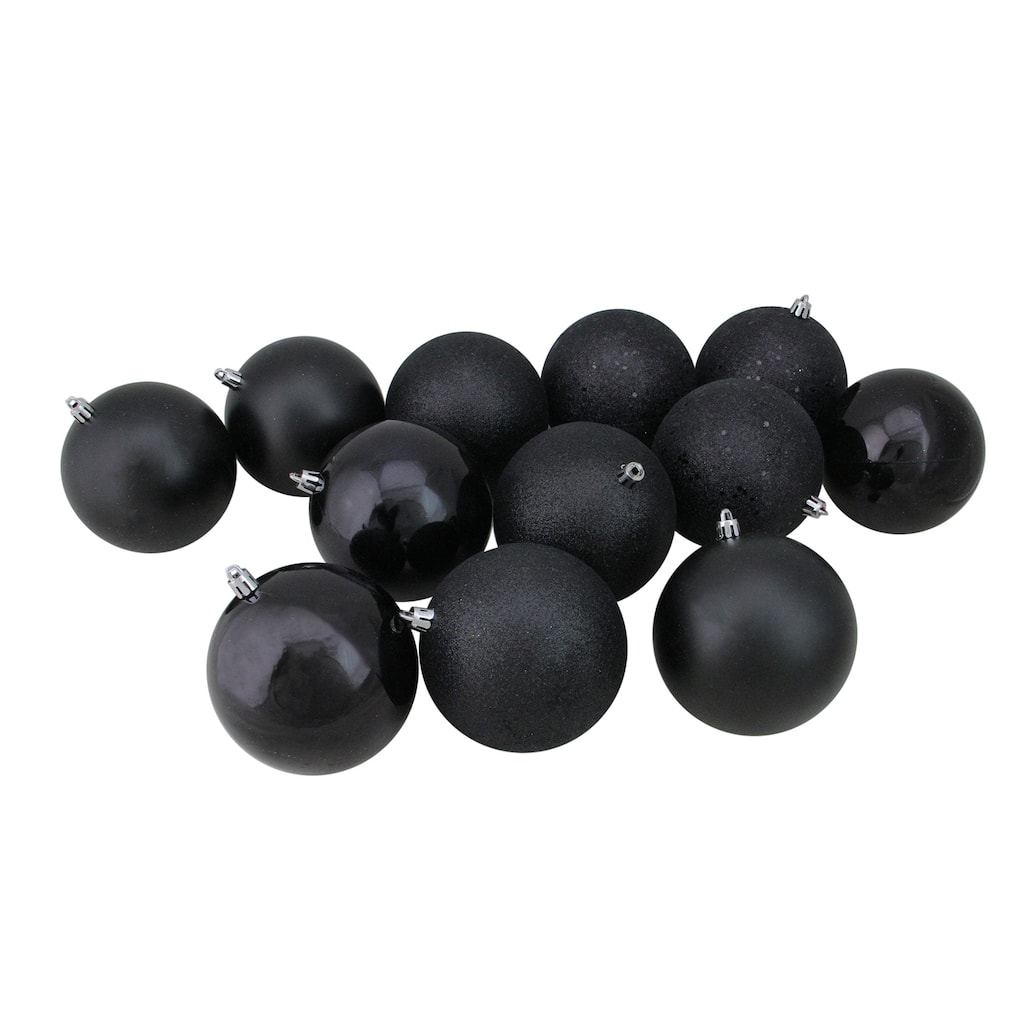 Shatterproof 4-Finish Christmas Ball Ornaments - 4" (100mm) - Black - 12ct