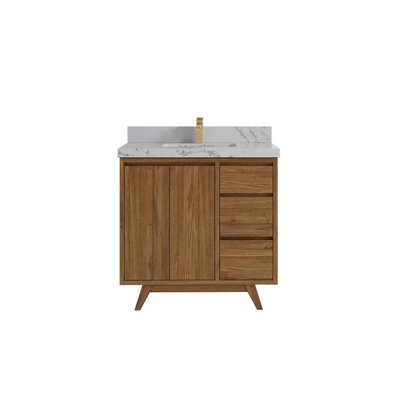 Willow Collections 36 in. W x 22 in. D Madison Teak Center Sink Bathroom Vanity with Countertop - 2"Venatino Quartz - Gold Teak