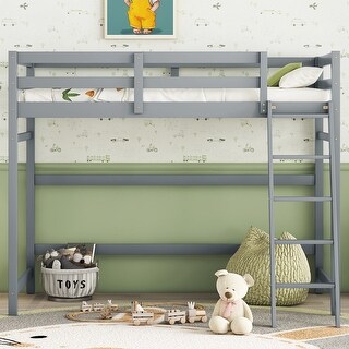 Twin Size Pine Wood Loft Bed Frame w/inclined Ladder, Guardrails, Grey