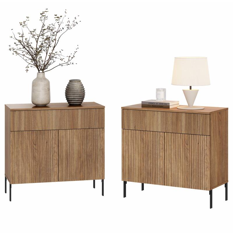 Modern Minimalist Nightstand,31.5" Wood End Table,Reeded Design Bedside Table - Walnut - 2-drawer