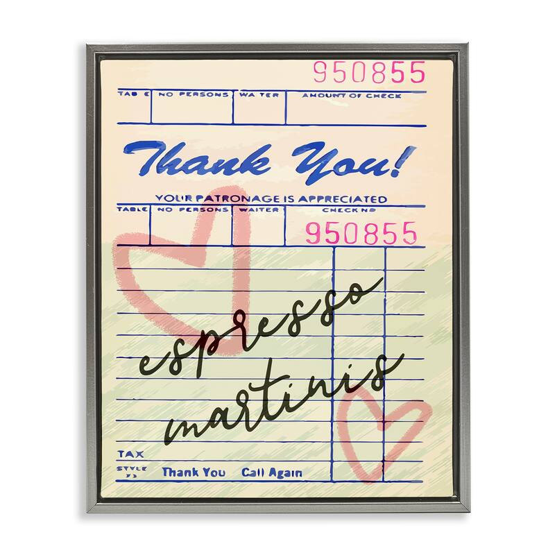 Stupell Espresso Martinis Guest Check Framed Floater Canvas Wall Art Design By Lil' Rue - 17 x 21 - Grey