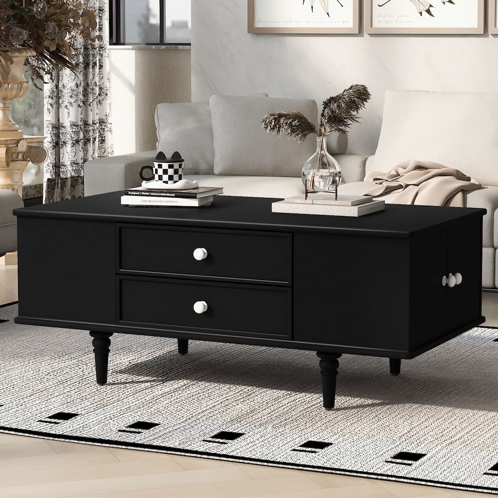 Rectangle Coffee Table Center Table with 4 Drawers, Black Living Room Table Cocktail Table Center Table