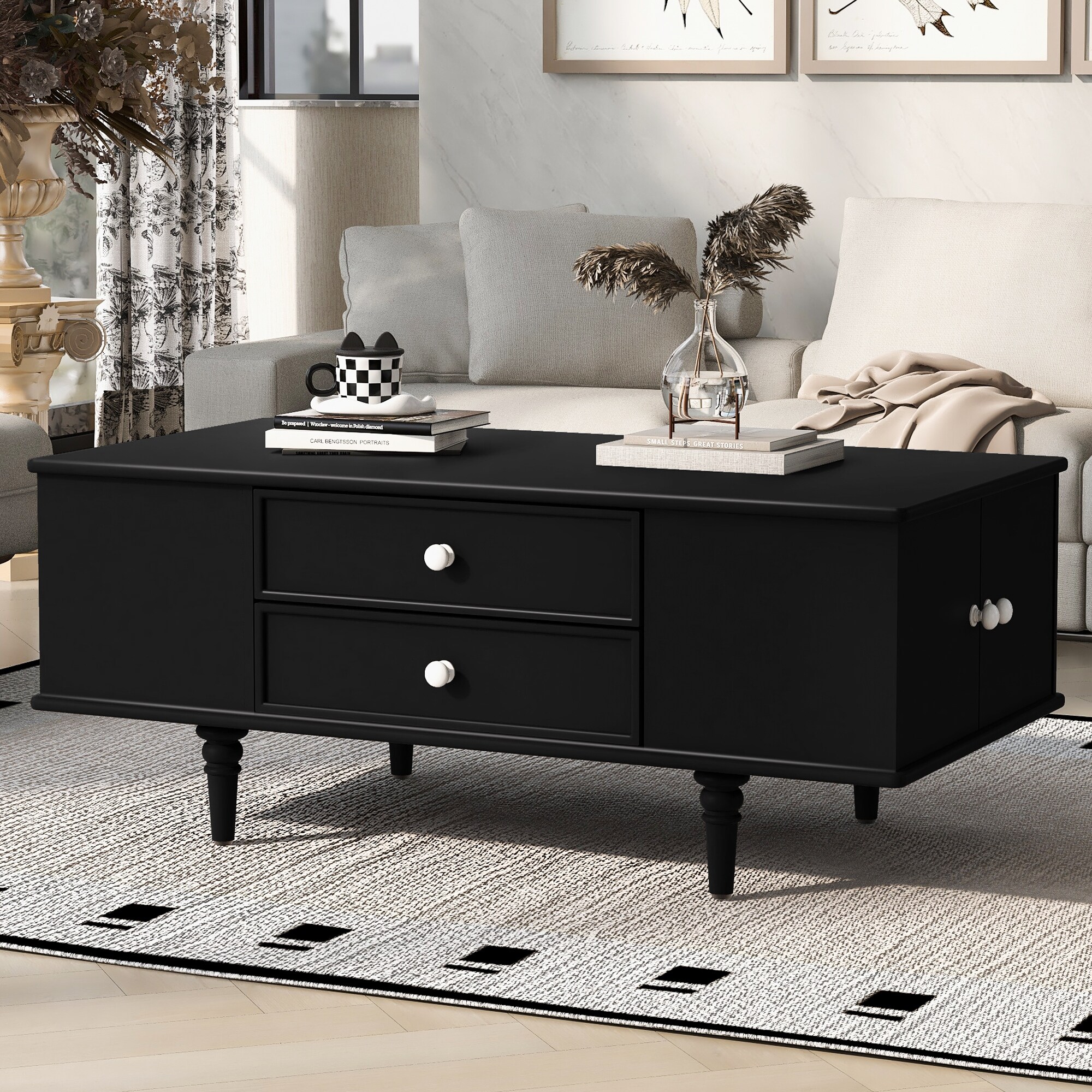 Rectangle Coffee Table Center Table with 4 Drawers, Black Living Room Table Cocktail Table Center Table