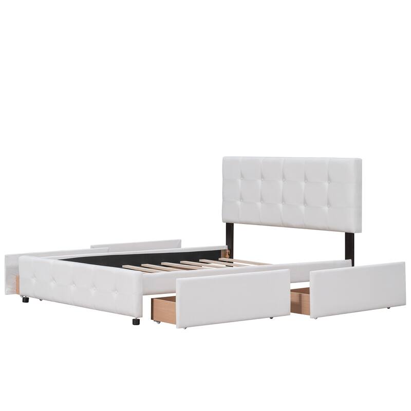 Upholstered Platform Bed with Classic Headboard and 4 Drawers