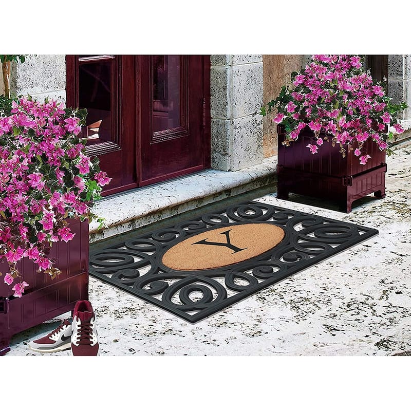 A1HC Rubber and Coir Elegant Circles, Monogrammed Double Door Doormat, Black/Beige - 23"X38"