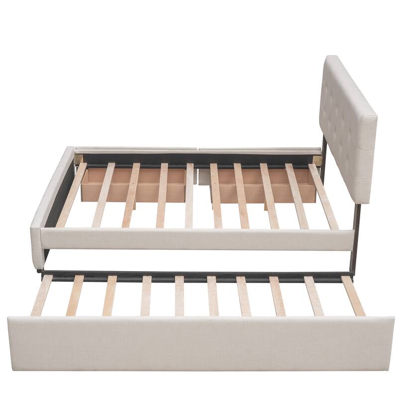 Upholstered Platform Bed with 2 Drawers and 1 Twin XL Trundle, Linen Fabric, Queen Size
