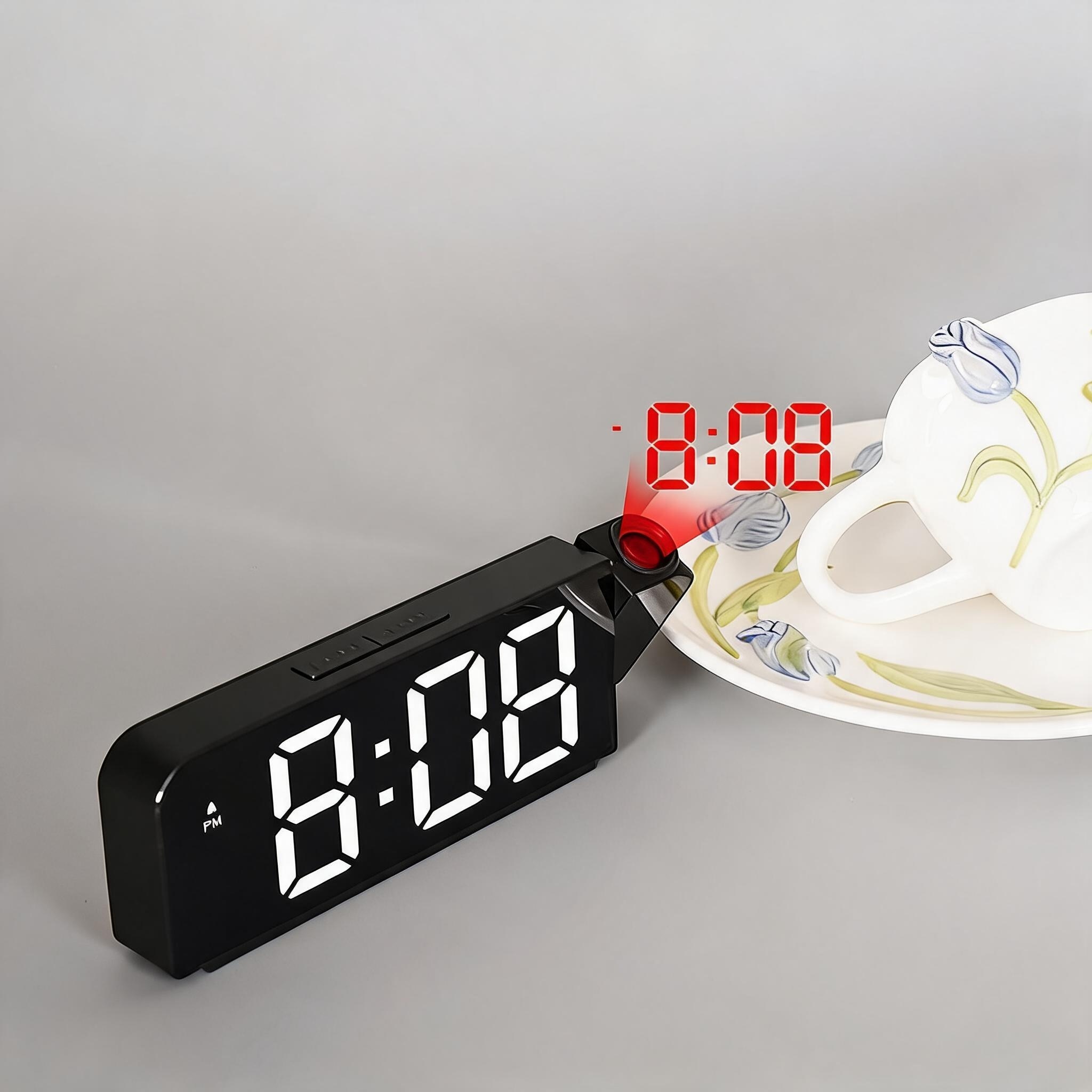 180 Rotating Projection Alarm Clock LED USB 12/24H Black White Light