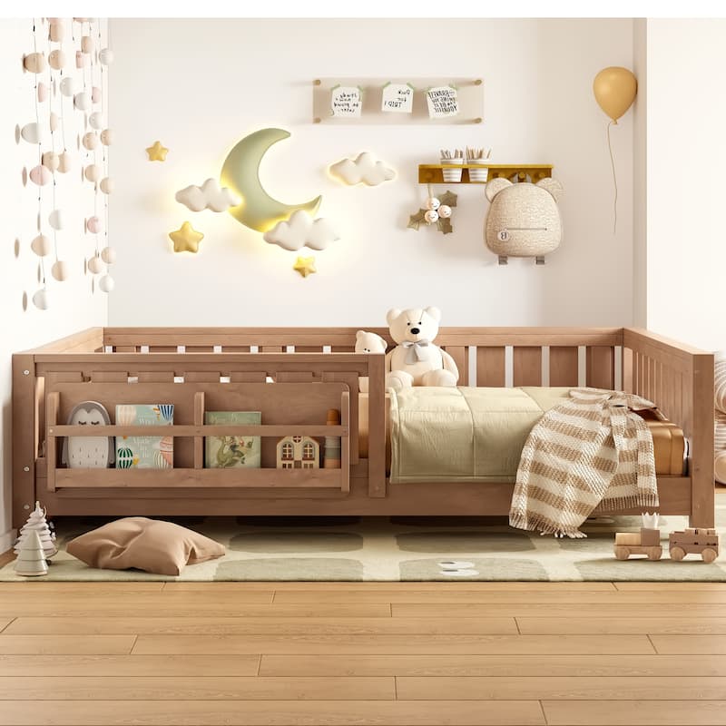 Low Profile Montessori Bed Floor Platform Bed with Fence and Bookshelf