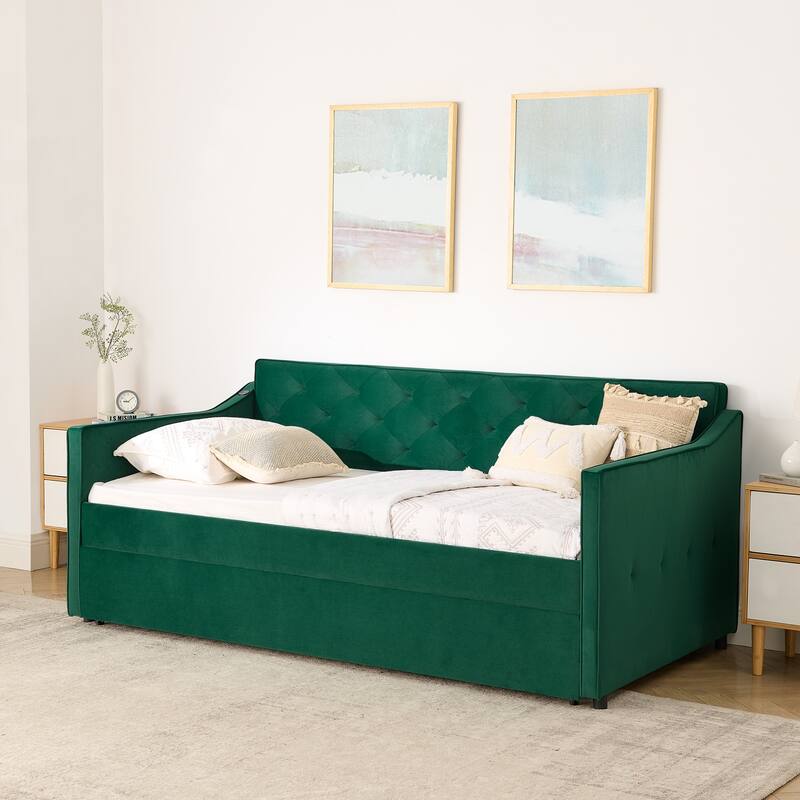 Twin Upholstered Daybed with Pop-Up Trundle & USB Charging Ports