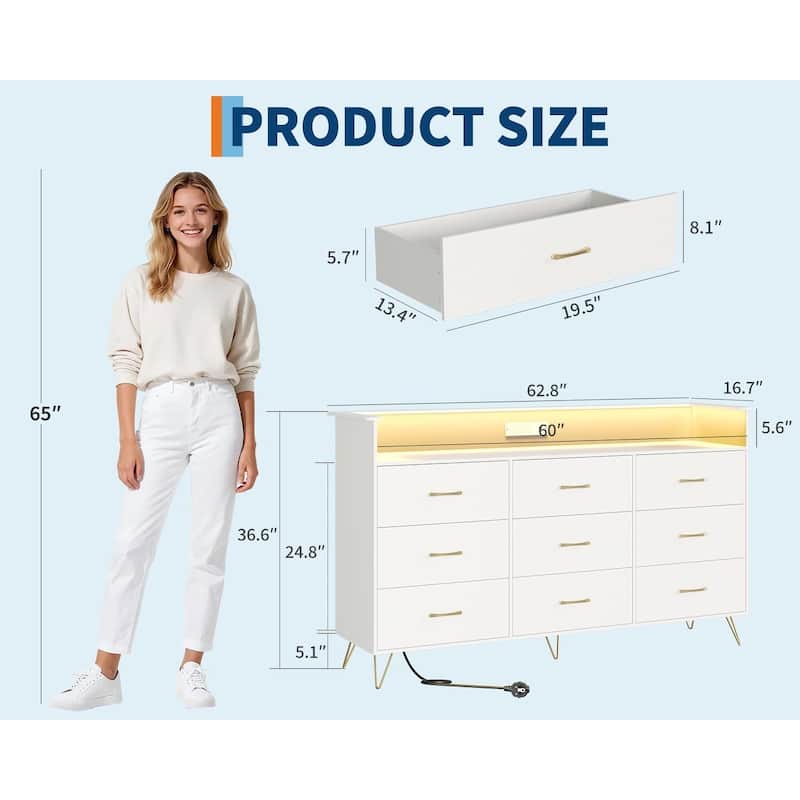 9-Drawer Dresser for Bedroom with Charging Station & RGB Lights