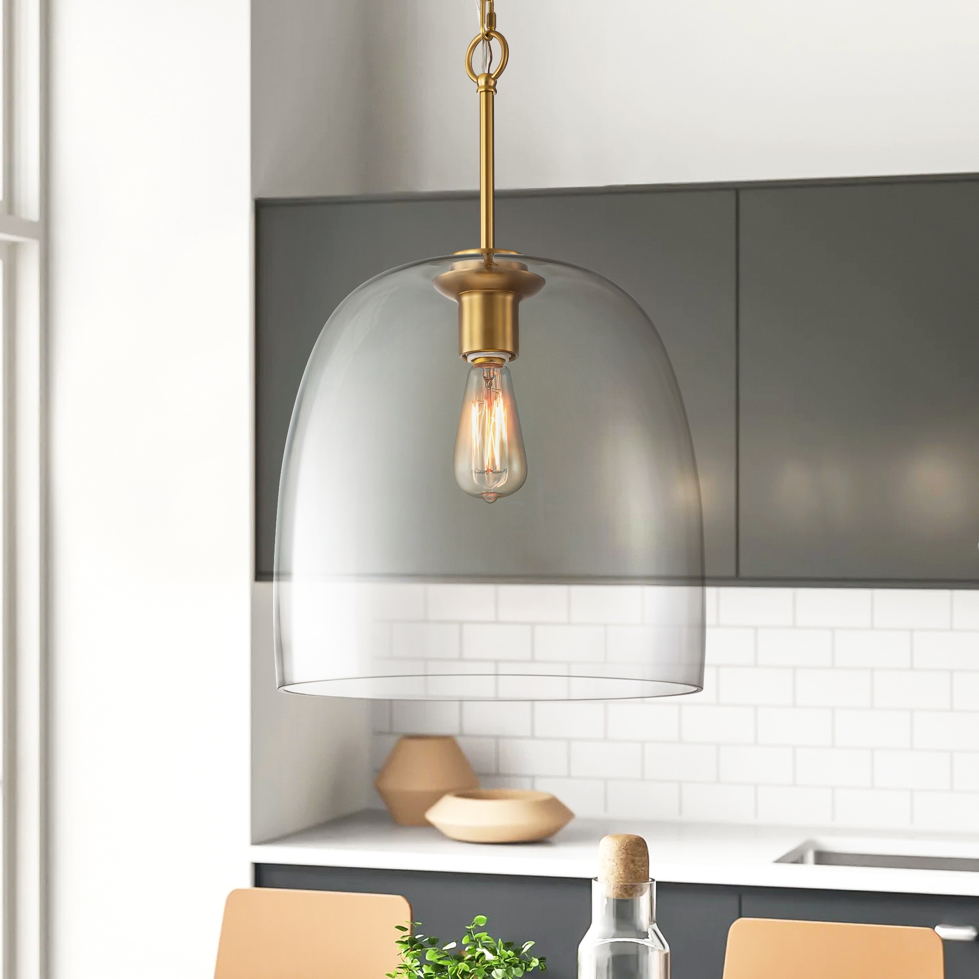 1 Light Golden Metal Curved Dome Bell Shape Clear Glass Pendant Light 14.5 in. W x 22.4 in. H On Sale Bed Bath Beyond 39004360