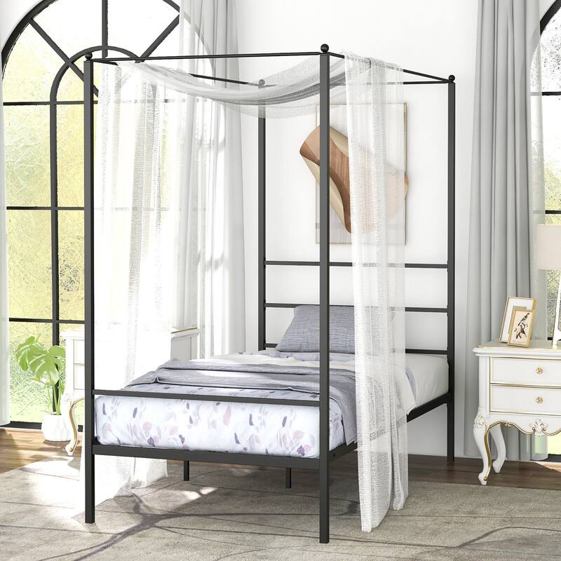 Gymax Twin/Full/Queen Metal Canopy Platform Bed Frame Mattress - Twin